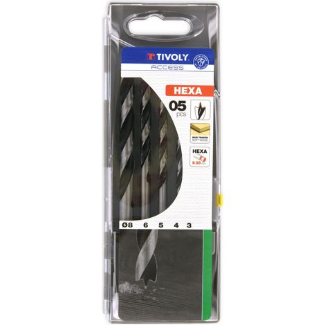 Tivoly • Coffret de 5 Forets Bois 3pointes Extra Queue Hexa 6,35mm contenant les Ø3-4-5-6-8mm