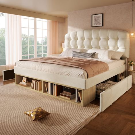 Lit double 140x200 cm capitonné velours beige, cadre de lit avec tête de lit incurvée réglable en hauteur, sommier à lattes, tiroirs de rangement et étagères, structure métal‑bois, charge max 181 kg, (1/5)