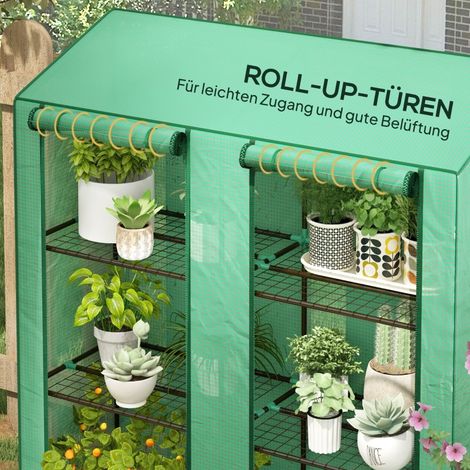 Serre de jardin compacte, 3 niveaux, 6 clayettes métalliques, 2 ouvertures, bâche plastique verte, abri de culture extérieur (1/5)