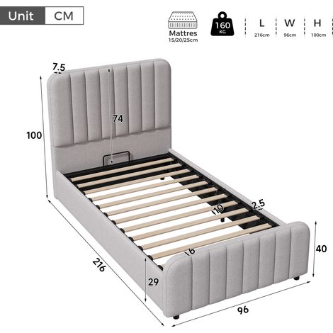 Lit coffre hydraulique 90x200, literie enfant en lin gris, sommier à lattes intégré, tête de lit capitonnée, rangement spacieux, structure rembourrée, lit simple fonctionnel (1/5)