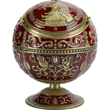 Aschenbecher aus bordeauxfarbenem Metall mit Adler-Globus und dekorativem Deckel, handgefertigtes Schmuckgeschenk (1/5)