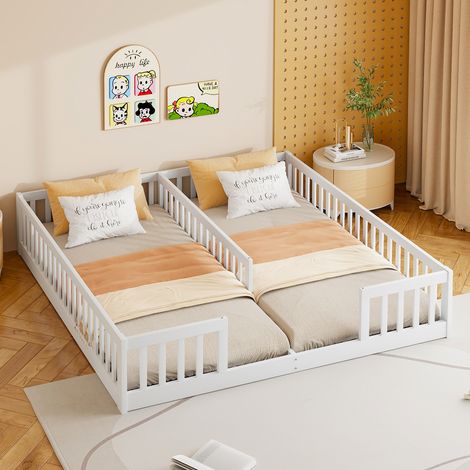 Lit évolutif 2x90x200cm - lit enfant avec grille et sommier à latte, sans matelas - bois de pin, blanc (1/5)