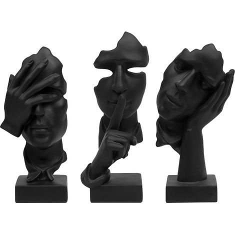 Ensemble de 3 figurines de penseurs - Décoration d'art abstrait « Le silence est d'or » - Sculpture moderne en résine avec le texte « N'entendez rien, ne voyez rien » (1/3)