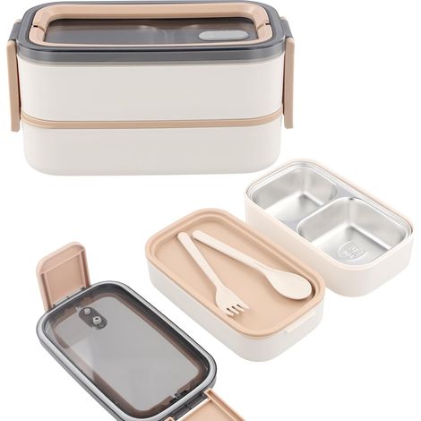 Boîte à Lunch Bento En Acier Inoxydable,2 Niveaux Avec Compartiments,Boîte À Lunch Sans BPA,En Acier Inoxydable 304 Écologique Pour Enfants Et Adultes,Étanche Et Compatible Micro-ondes - Kaki (1/5)