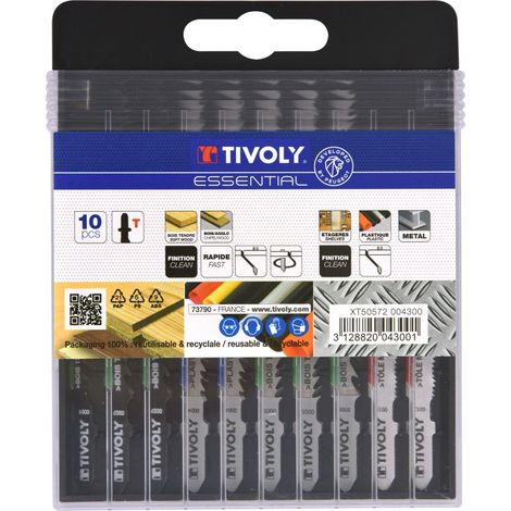 Tivoly • Coffret 10 lames de scie sauteuse pour le bois, mélaminé, plastique et métaux non ferreux -Attache T