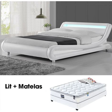 MEUBLER DESIGN Lit Led Design Julio Blanc 140cm Avec Matelas Romance, Polyuréthane, Style Contemporain, 206.5 x 155 x 62 cm (1/5)