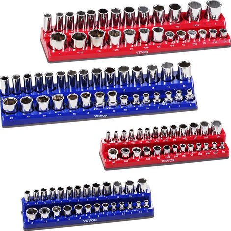 Kit Organisateurs de Douilles Magnétiques, 4 Plateaux de Douilles Métriques SAE 1/4'', 3/8'', Étiquettes Transparentes, Capacité 108 Douilles Standard et Profondes Non Incluses, Bleu & Rouge (1/5)
