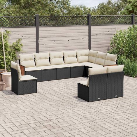 Ensemble Salon Jardin 10 Places Résine Tressée Noir avec Coussins Crème - Meuble Extérieur Modulaire (1/5)