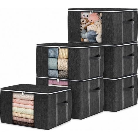 Sac de rangement pour couette avec poignée renforcée, tissu non tissé, motif écossais gris clair, 90 L, organisateur de chambre noir brossé 6 x 90 L avec poignée renforcée (1/4)