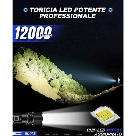 Lampe Torche LED Ultra Puissante, 10000 Lumens Rechargeable, IP67 Étanche Lampe Tactique, P70 Torches 5 Modes, Zoomable, pour Camping Randonnée Urgence (Avec Batterie) [Classe énergétique A+++] (1/4)