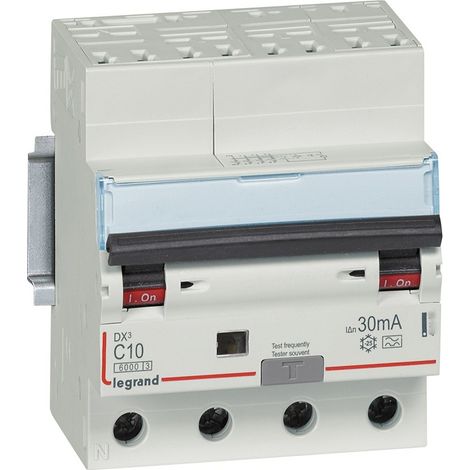 DX3 Disjoncteur Différentiel Tétrapolaire C 10A 6000A Type A 30MA 4 Modules Bornes Automatiques LEGRAND 411193 (1/2)