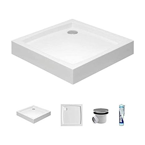 ECOLAM Receveur de Douche carré Patio 90x90 cm, Hauteur 16 cm, Profondeur 5 cm, Acrylique Blanc, Siphon, Silicone (1/5)