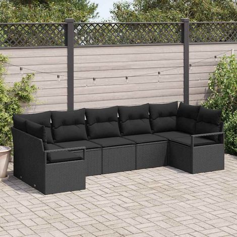 Gartensofa-set mit Kissen 7 pcs Schwarz Poly-Rattan