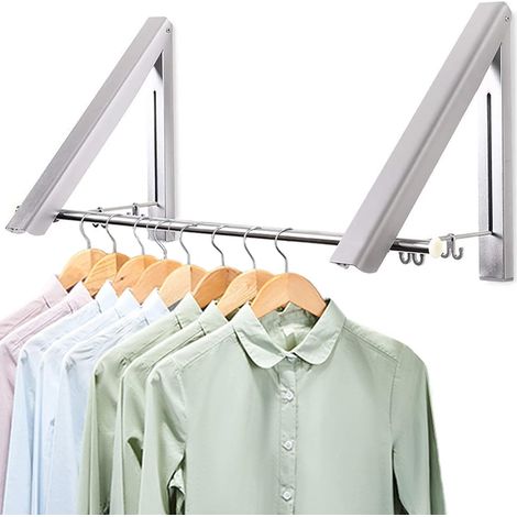 Cintre Pliable Mur 2 Pièces, Aluminium Pliant Clothes Hanger Organisateur avec des Crochets pour Salon,Salle de Bains, Économie d'espace (Argent) (1/5)