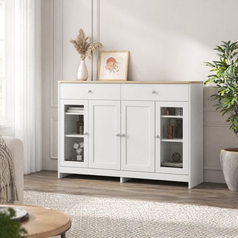 Credenza 120 x 37 x 80 cm, 4 ante, 2 cassetti, con ante in vetro HAVRYA (1/5)
