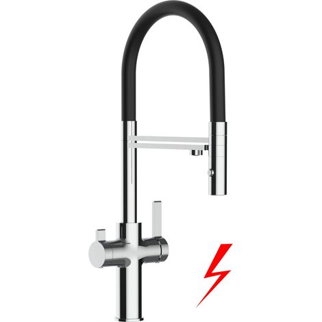 NIEDERDRUCK 3 Wege Wasserhahn Küchenarmatur Spültischmischer, Verchromt mit 360° schwenkbarem Auslauf, abnehmbare 2 strahl Handbrause, Flex-Schlauch oben in Schwarz - VZFC Linie (1/5)