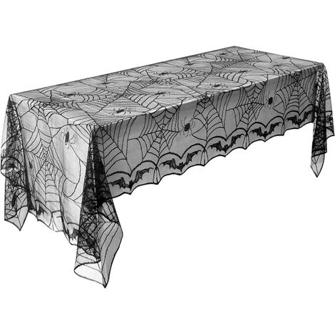 Décorations d'Halloween (noir) : nappe rectangulaire toile d'araignée, nappe ronde en dentelle, abat-jour chauve-souris (1/5)