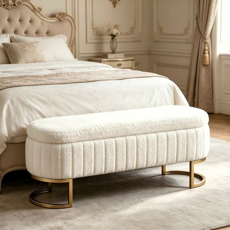 Banquette de lit en velours avec espace de rangement 130 cm - Pieds en métal doré - Banquette/coffre de rangement capitonné pour chambre, entrée, salon (1/5)