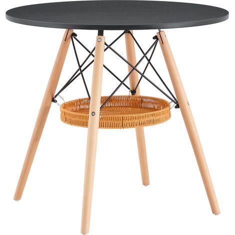 Table ronde 2 à 4 personnes 80 cm en MDF noir avec pieds en bois et panier de rangement suspendu, idéale pour petit espace, salon, balcon ou bureau CHICFURN (1/5)