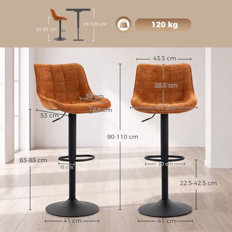 Ensemble de 2 tabourets de bar pivotants et réglables en hauteur (avec base et dossier en métal), orange-brun. (1/5)