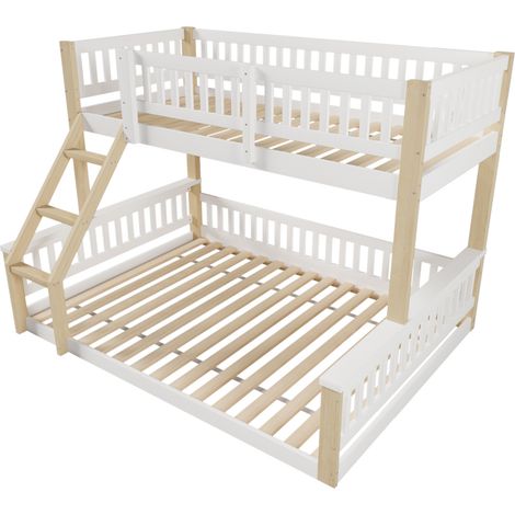 Litera 90x200 cm + 140x200 cm con escalera y barreras, blanco y natural, sin colchones (1/5)