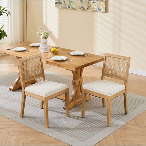 Sedie da pranzo in legno e rattan beige, set da 2, schienale traspirante, stile farmhouse,56×48×86.5cm (1/5)