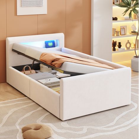 lit coffre enfant 90x200 cm avec LED et port USB, en velours beige, sans matelas (1/5)