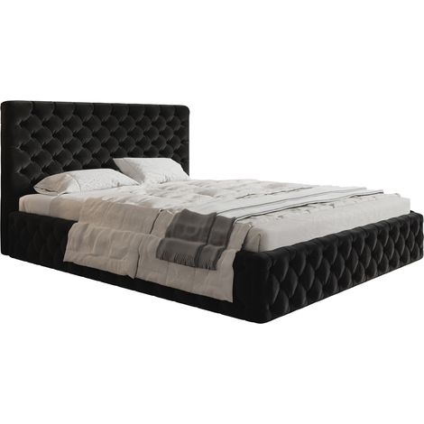 Lit adulte 200x200 Furis - Cadre en métal, Tissu Velours - Glamour Lit avec rangement (Noir - Amor Velvet 4322)