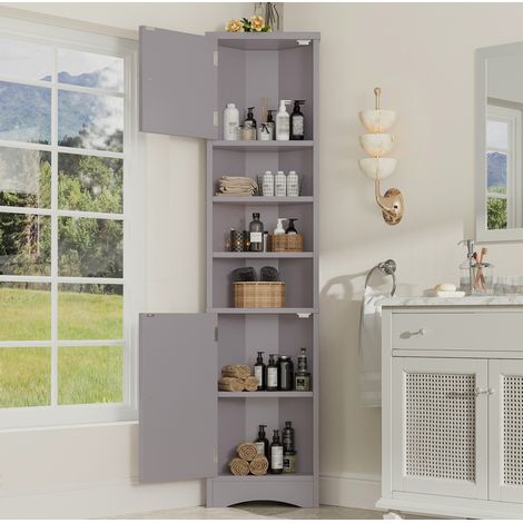 Mobile bagno ad angolo moderno in MDF grigio 37 x 24,5 x 170 cm con 2 ante, 3 vani aperti e ripiani regolabili (1/5)