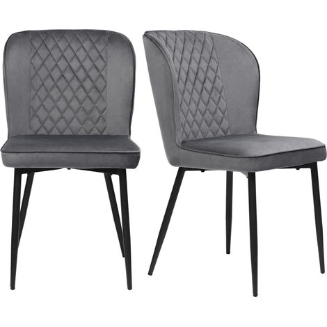Juego de dos sillas de comedor tapizadas en gris y sillones de terciopelo con respaldo gris y patas de metal negro para el hogar, la habitación de invitados, el dormitorio y la oficina. (1/5)