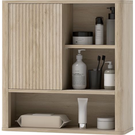 Armario de pared para baño 60 x 20 x 62 cm puerta corredera y estantes ajustables moderno elegante de MDF madera natural 210002730 (1/5)
