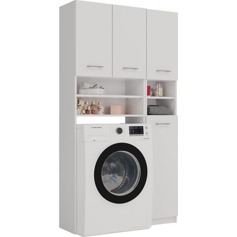 Conjunto de muebles de baño: columna con estante y mueble para lavadora - Blanco mate, solución funcional para un baño pequeño. (1/5)