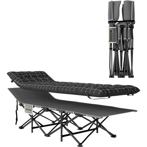 Lit de camp pliable Oxford Noir 190x67x37 cm avec matelas intégré, poche latérale et sac de transport
