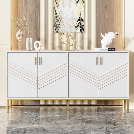 Buffet 4 portes 160 x 40 x 80,5 cm en MDF blanc et bois avec pieds et poignées dorés HAVRYA (1/5)