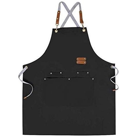 BRAVIX Tablier de Chef Tablier à Dos Croisé pour Hommes Femmes avec Bretelles Réglables et Grandes Poches, Toile, Noir