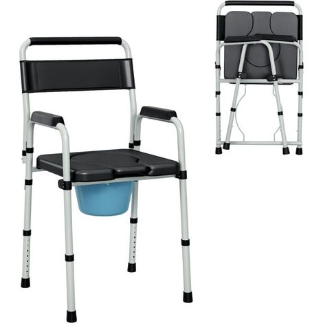 Chaise percée toilette pliable antidérapante hauteur réglable, siège et accoudoirs rembourrés, charge 150 kg, noir