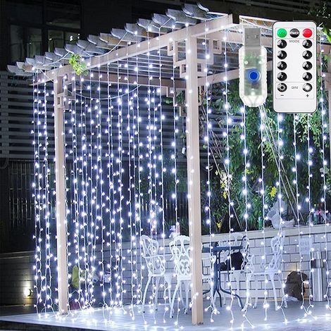 Rideau Lumineux LED - 300 LED - 3 x 3 m - Télécommande et Minuterie - 8 Modes - Alimentation USB - Pour Intérieur Extérieur - Blanc Froid (1/5)