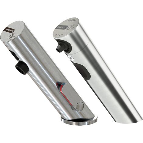 Grifo mezclador infrarrojo con llave de paso + dispensador de jabón infrarrojo PRESTO Linea, acero inoxidable cepillado