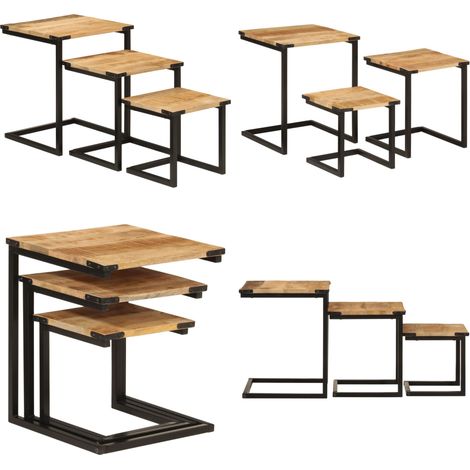Tables basses gigognes 3 pcs bois massif de manguier et fer - Table Basse Gigogne - Tables D'appoint - Mobilier Salle Séjour - Table En Bois Massif - Design Scandinave - Home & Living (1/5)