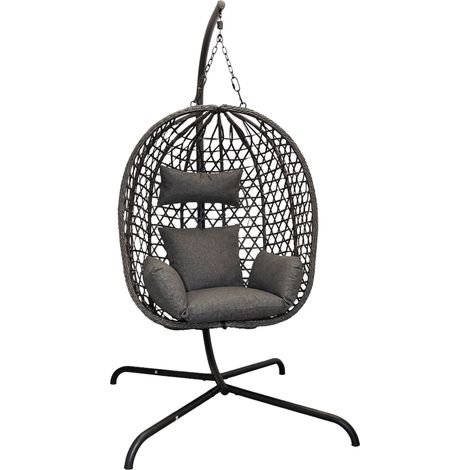 Outdoor Hängesessel mit Gestell und Standfuß 194 x 104 cm - anthrazit - Polyrattan Hängestuhl mit Sitz-und Kopfkissen für Außen und Innen