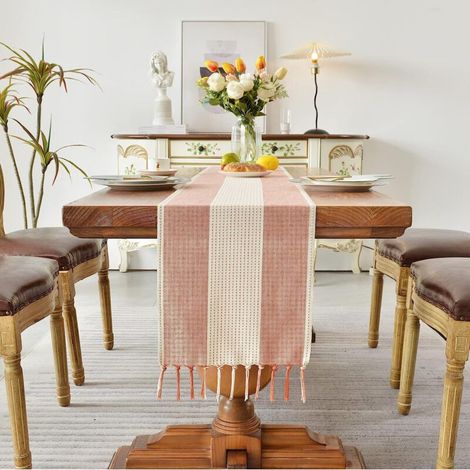 Chemin de Table en Coton Lin de 120cm de Long avec Glands à la Main Chemin de Table pour café, Style Fermier pour Les fêtes et l'usage Quotidien (Rose, 120cm) (1/5)