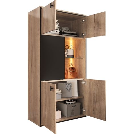 Vetrina Moderna 77.8x36x150 cm, con Ante a Contrasto, Vetrine Scorrevoli e Nicchie Aperte, Legno, Naturale, per Studio, soggiorno