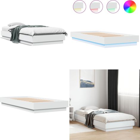 Bettgestell mit LED-Leuchten Weiß 100x200 cm - Holzbettfassungen - Bettsystem - Lattenrost - Schlafzimmermöbel - Weißes Bett - Home & Living (1/5)
