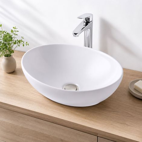 Relaxdays Lavabo sobre encimera, 15x41x34 cm, sin orificio para grifo, sin rebosadero, cerámica, efecto loto, blanco