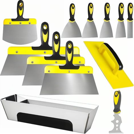 12 Pièces Spatule Enduit avec Bac à enduit, Acier Inoxydable, Couteau à Enduire Spatules avec Poignée Ergonomique Pour Plaques De Plâtre, Réparation Murs, Joint (1/5)