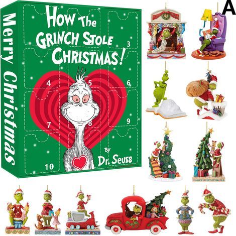 Compte à rebours de Noël Grinch boîte surprise Décorations de sapin de Noël monstre vert (1/4)