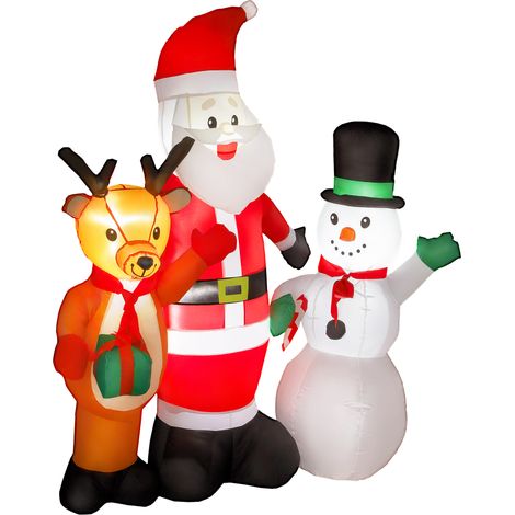 Père Noël gonflable 150 cm avec renne et bonhomme de neige, lumières LED, gonfleur électrique inclus