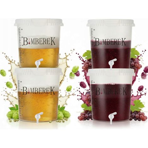 Juego de 4 recipientes de fermentación de 33 l con grifo, cubo, vino incoloro y damajuana. (1/5)