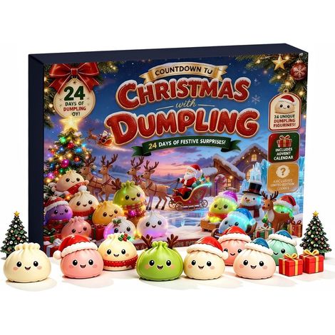 Calendrier de l'Avent de Noël contenant 24 décorations « squishy » en forme de raviolis de Noël — un cadeau idéal pour les enfants avant les fêtes. (1/5)