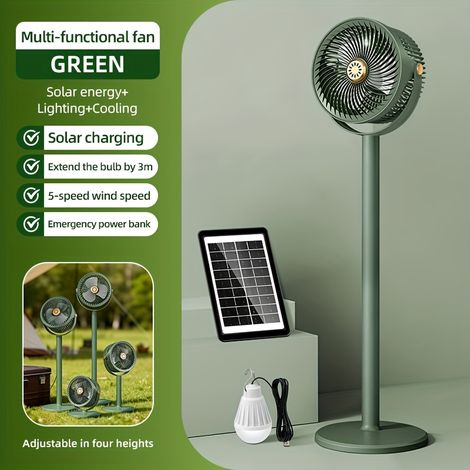 Outdoor solar pedestal fan – 4000 mAh battery – 5 speeds – solar panel and built-in light – adjustable height 28–86.5 cm (1/5)